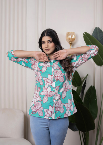 Lamora Turquoise Floral Button-Down Shirt