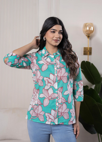 Lamora Turquoise Floral Button-Down Shirt