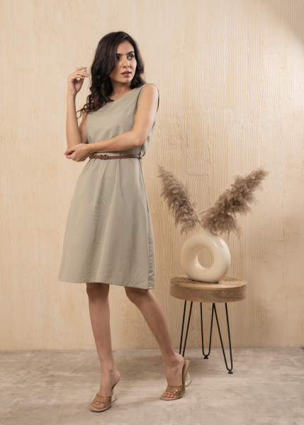 Lamora Beige Sleeveless A-Line Belted Dress