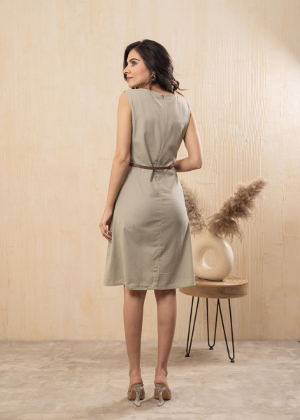 Lamora Beige Sleeveless A-Line Belted Dress
