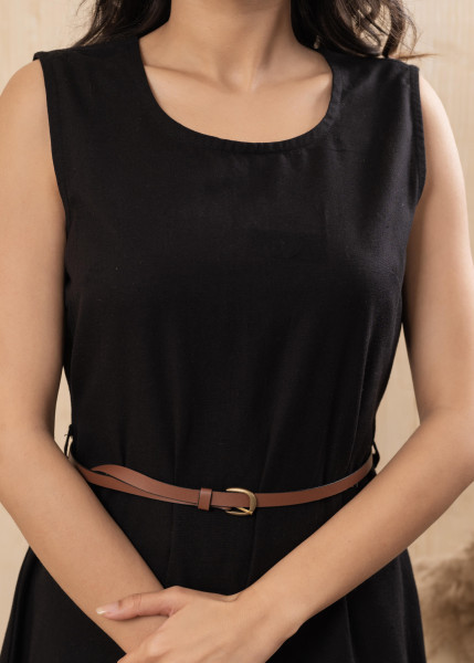 Lamora Black Sleeveless A-Line Belted Dress
