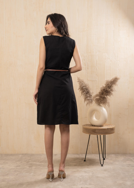 Lamora Black Sleeveless A-Line Belted Dress