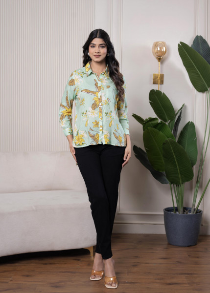 Lamora Mint Green Floral Print Long Sleeve Button-Down Shirt