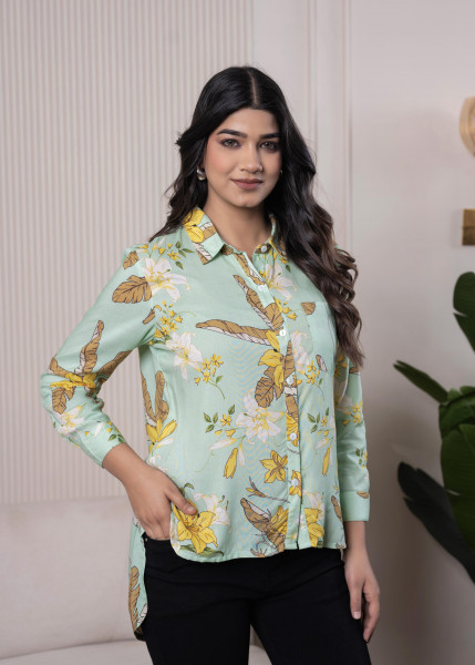 Lamora Mint Green Floral Print Long Sleeve Button-Down Shirt