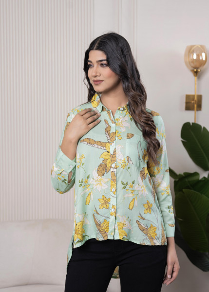 Lamora Mint Green Floral Print Long Sleeve Button-Down Shirt