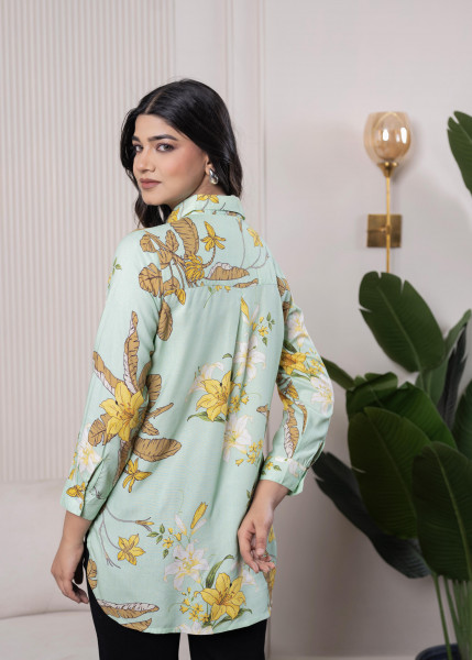 Lamora Mint Green Floral Print Long Sleeve Button-Down Shirt