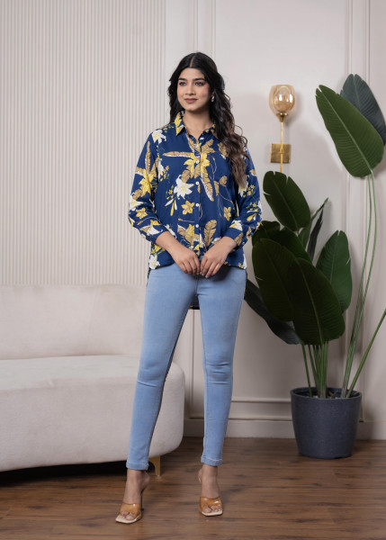 Lamora Navy Blue Floral Print Long Sleeve Button-Down Shirt