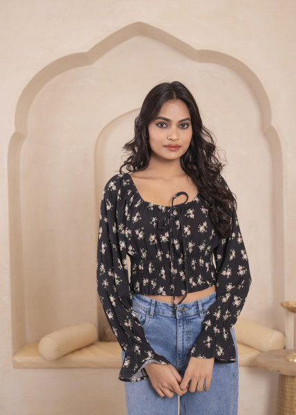 Lamora Black Floral Smocked Crop Top