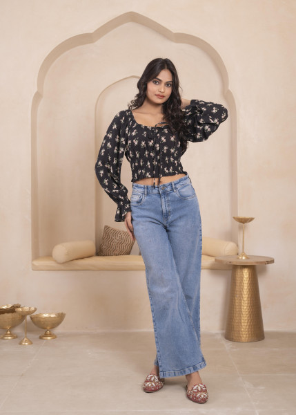 Lamora Black Floral Smocked Crop Top