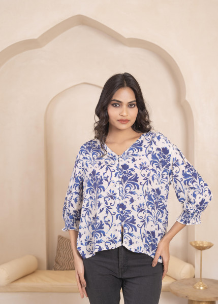 Lamora White &amp; Blue Baroque Floral Printed   Top