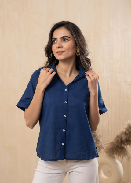 Lamora Teal Blue Oversized Boxy Shirt with Front Button Closure