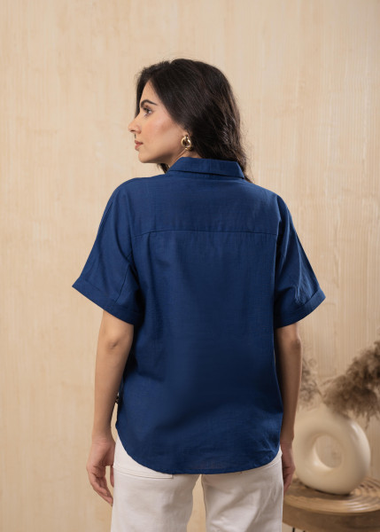 Lamora Teal Blue Oversized Boxy Shirt with Front Button Closure