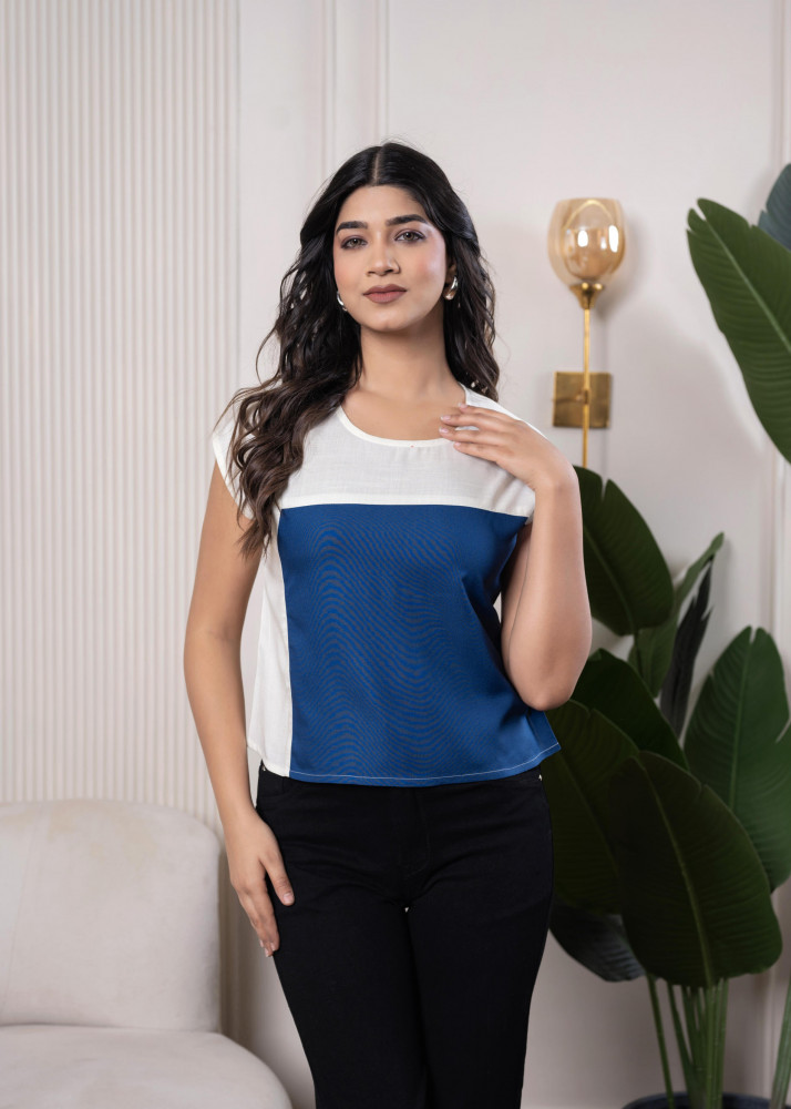 Lamora Off-White &amp; Blue Colorblock  Casual Top