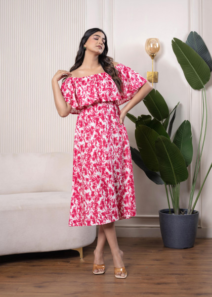 Lamora Pink & White Off-Shoulder Ruffle Midi Dress