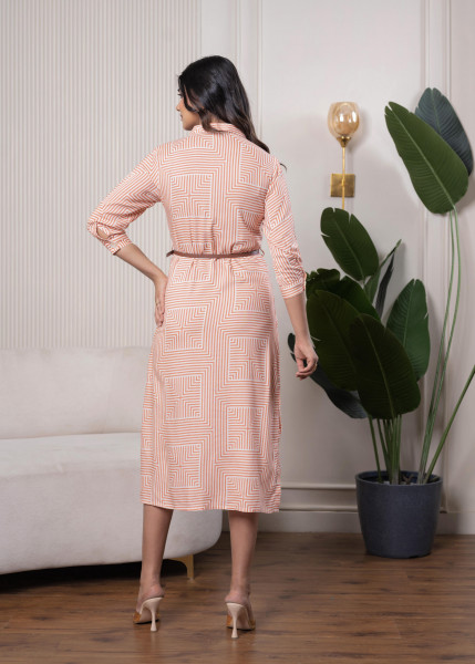 Lamora Peach & White Geometric Button-Down Midi Shirt Dress with Waist Belt