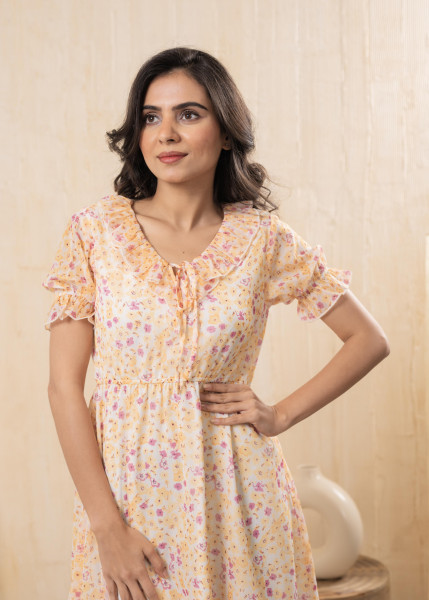 Lamora Pastel Peach Floral Fit & Flare Short Dress