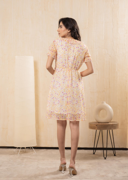 Lamora Pastel Peach Floral Fit & Flare Short Dress