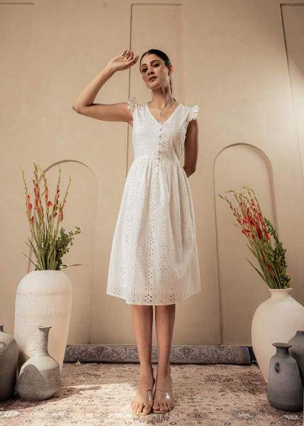 Lamora Cotton Midi Dress with Ruffled Sleeves