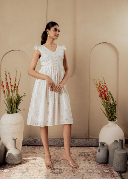 Lamora Cotton Midi Dress with Ruffled Sleeves