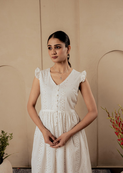 Lamora Cotton Midi Dress with Ruffled Sleeves