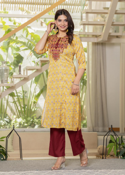 Yellow Floral Poly Kurta and Pants Set with Mirror, Thread Work and Telesales Detail