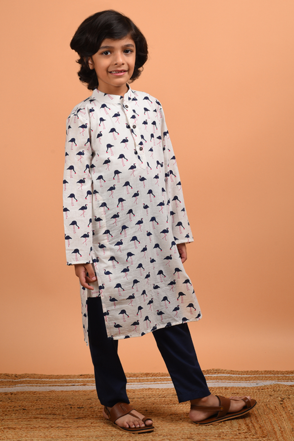 Navy Flamingo Kurta Set