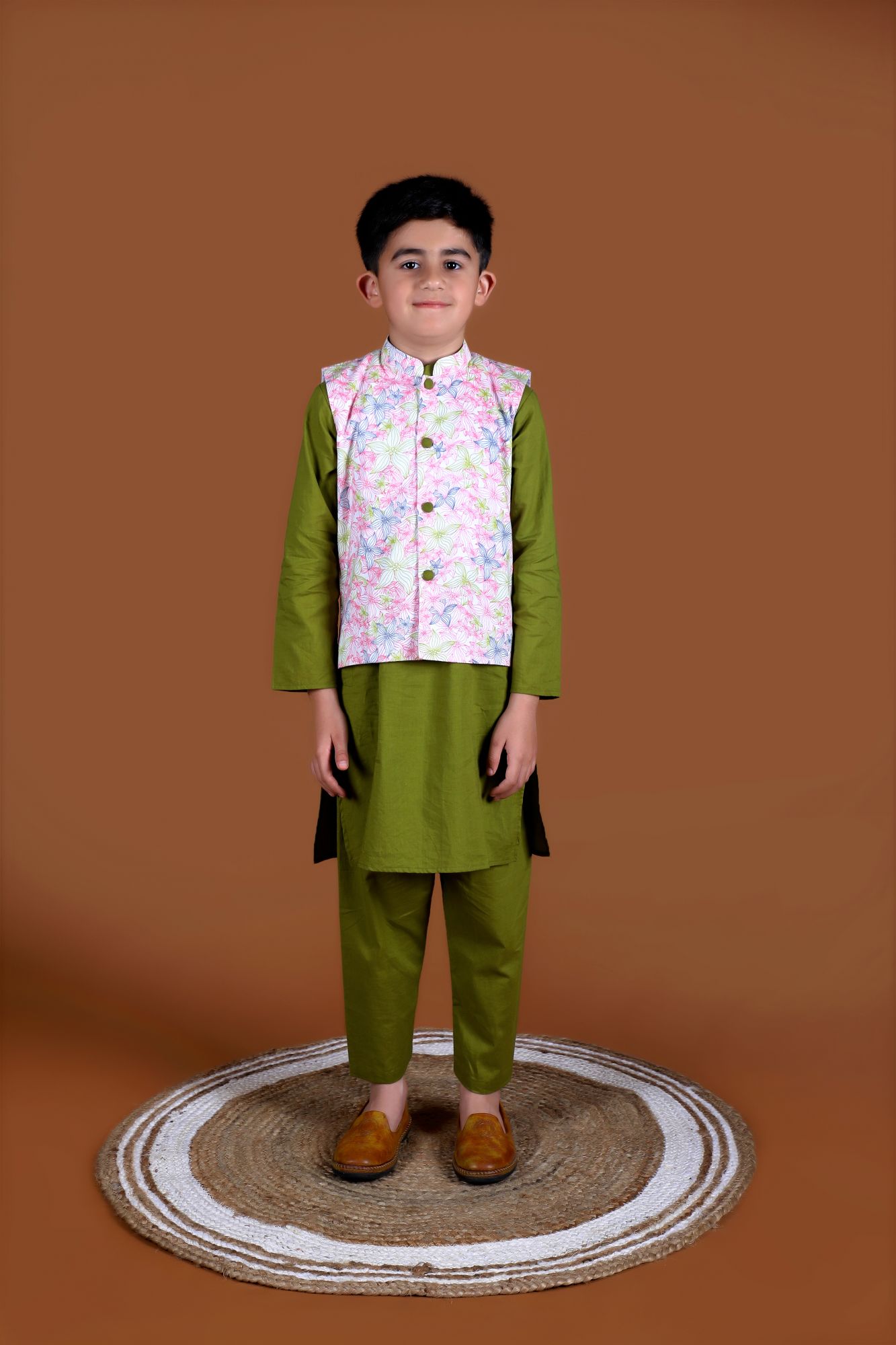 Floral Jacket and Olive Green Kurta Set