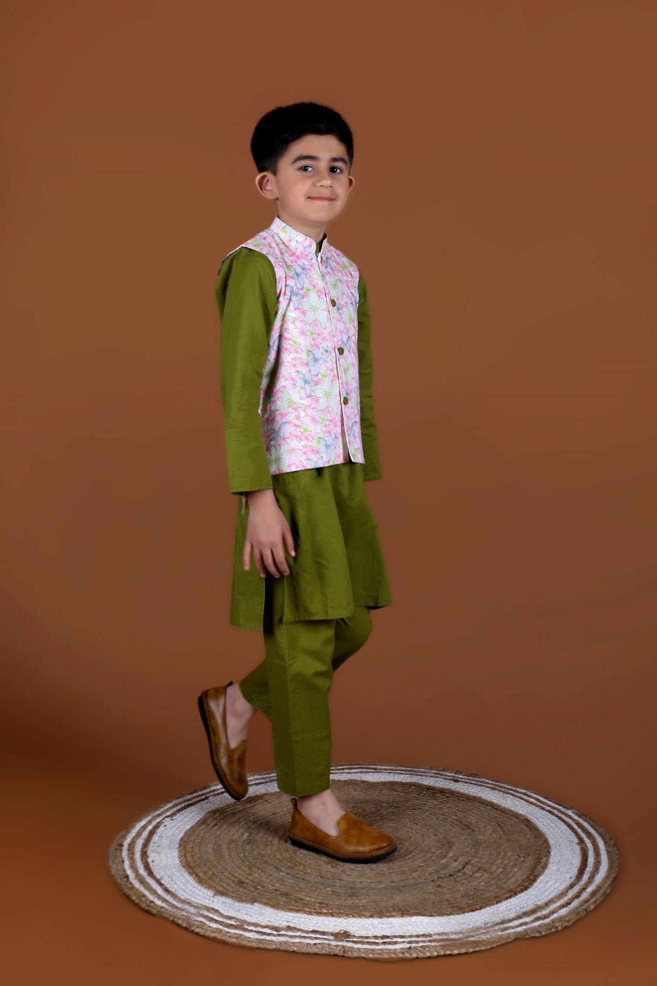 Floral Jacket and Olive Green Kurta Set