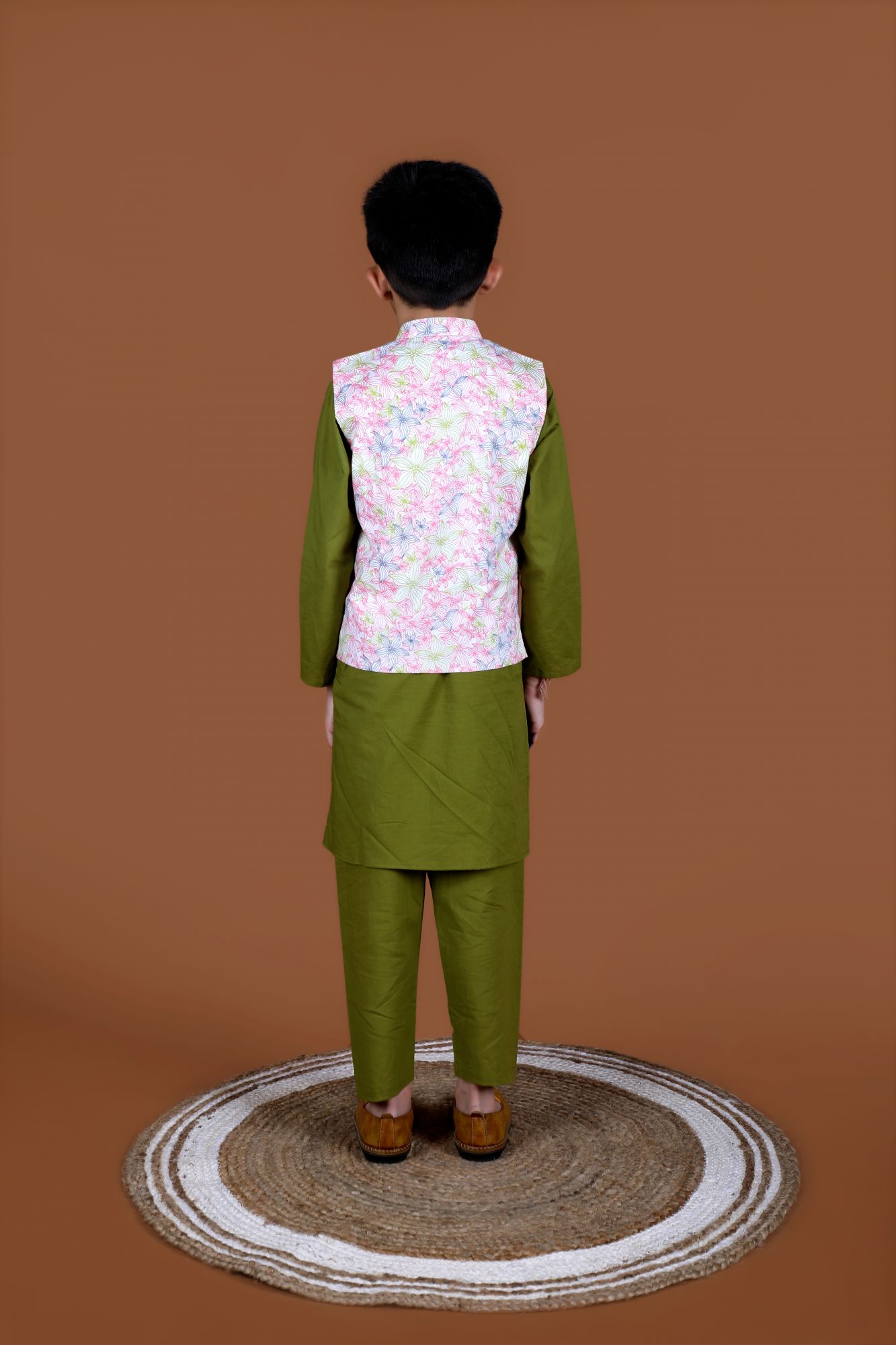 Floral Jacket and Olive Green Kurta Set
