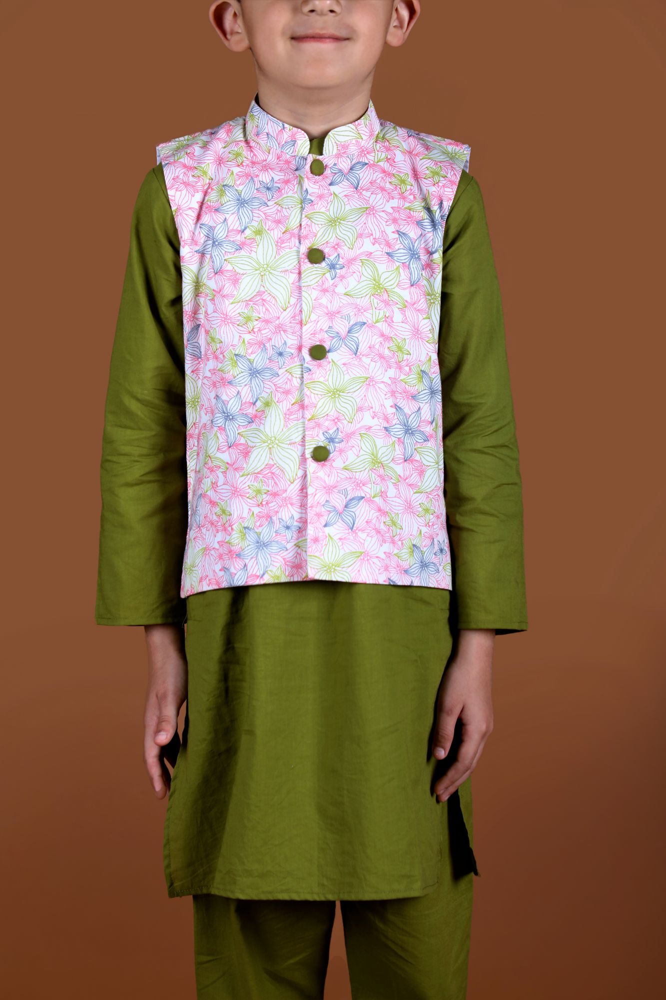Floral Jacket and Olive Green Kurta Set