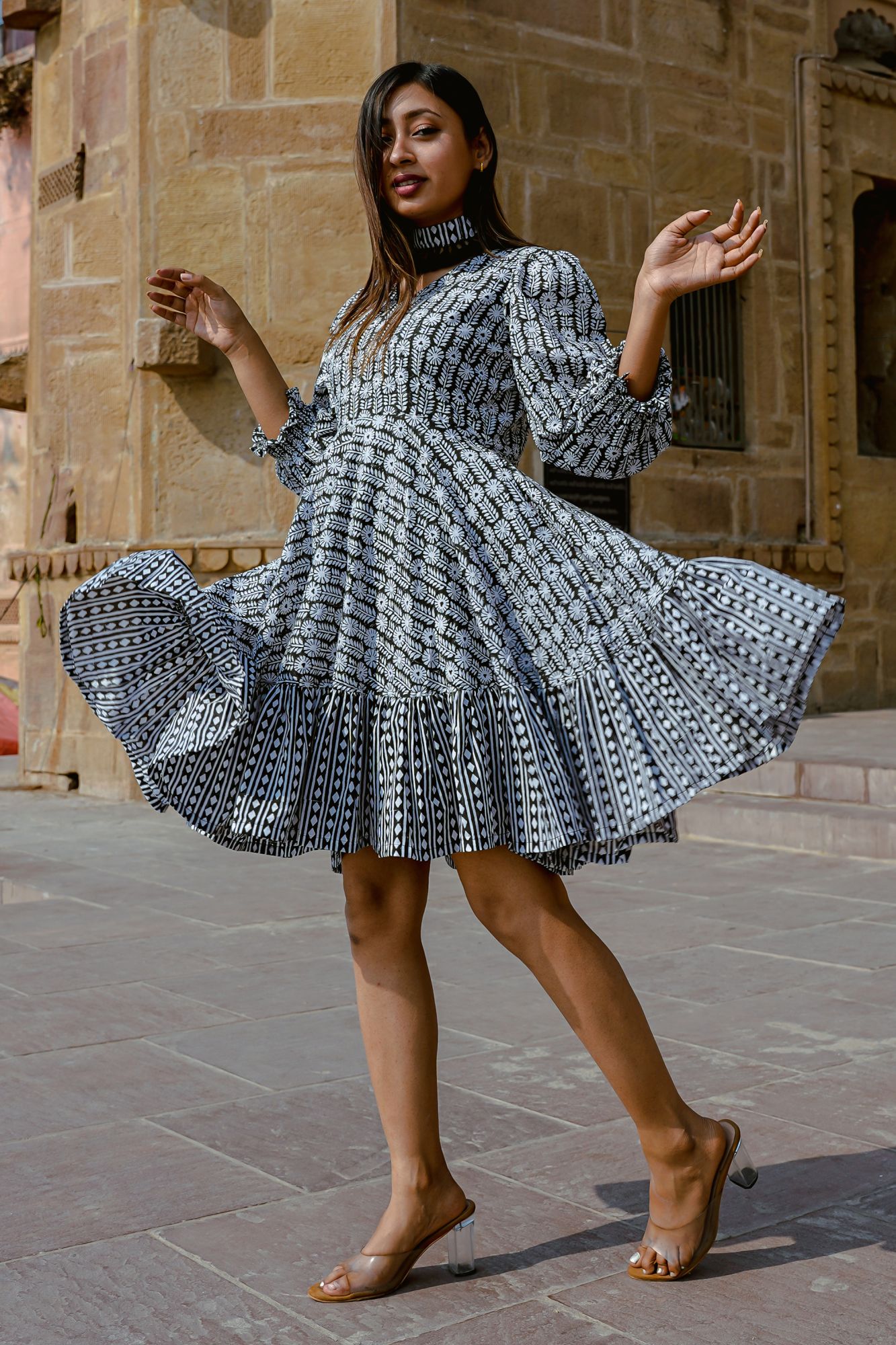 Black Hand-block Ruffled Hem Dress