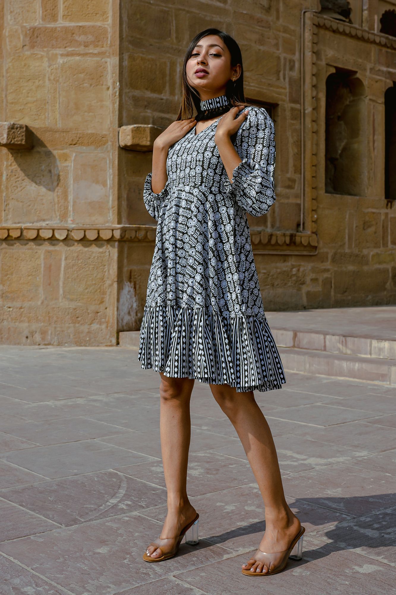 Black Hand-block Ruffled Hem Dress