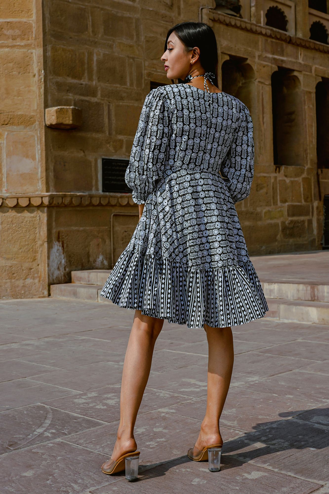 Black Hand-block Ruffled Hem Dress