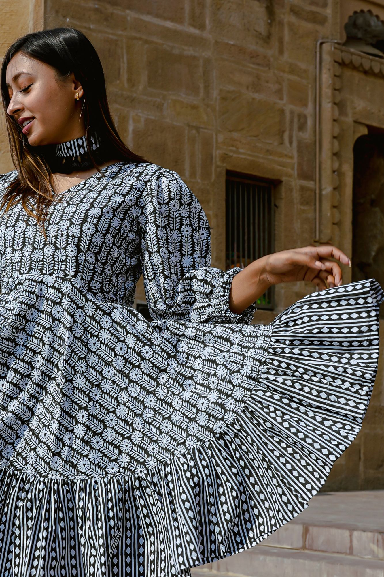 Black Hand-block Ruffled Hem Dress