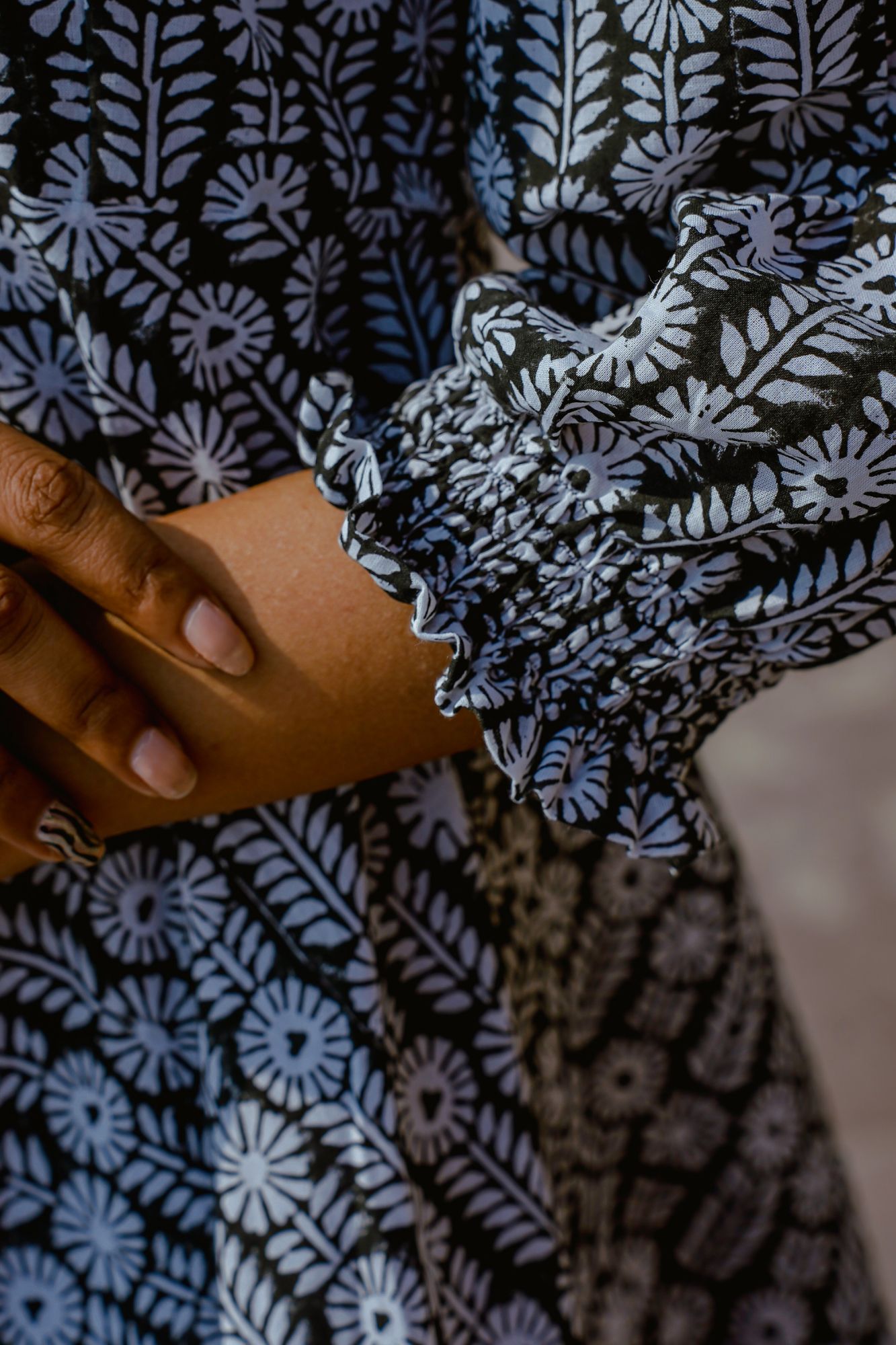 Black Hand-block Ruffled Hem Dress