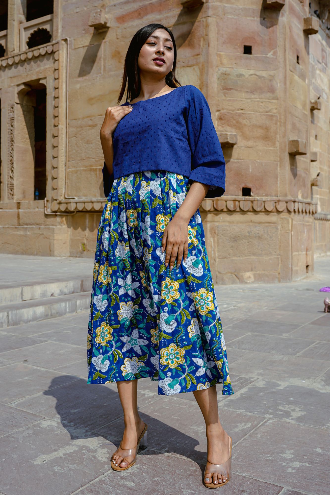 Blue Hand-Block Cami dress with Top