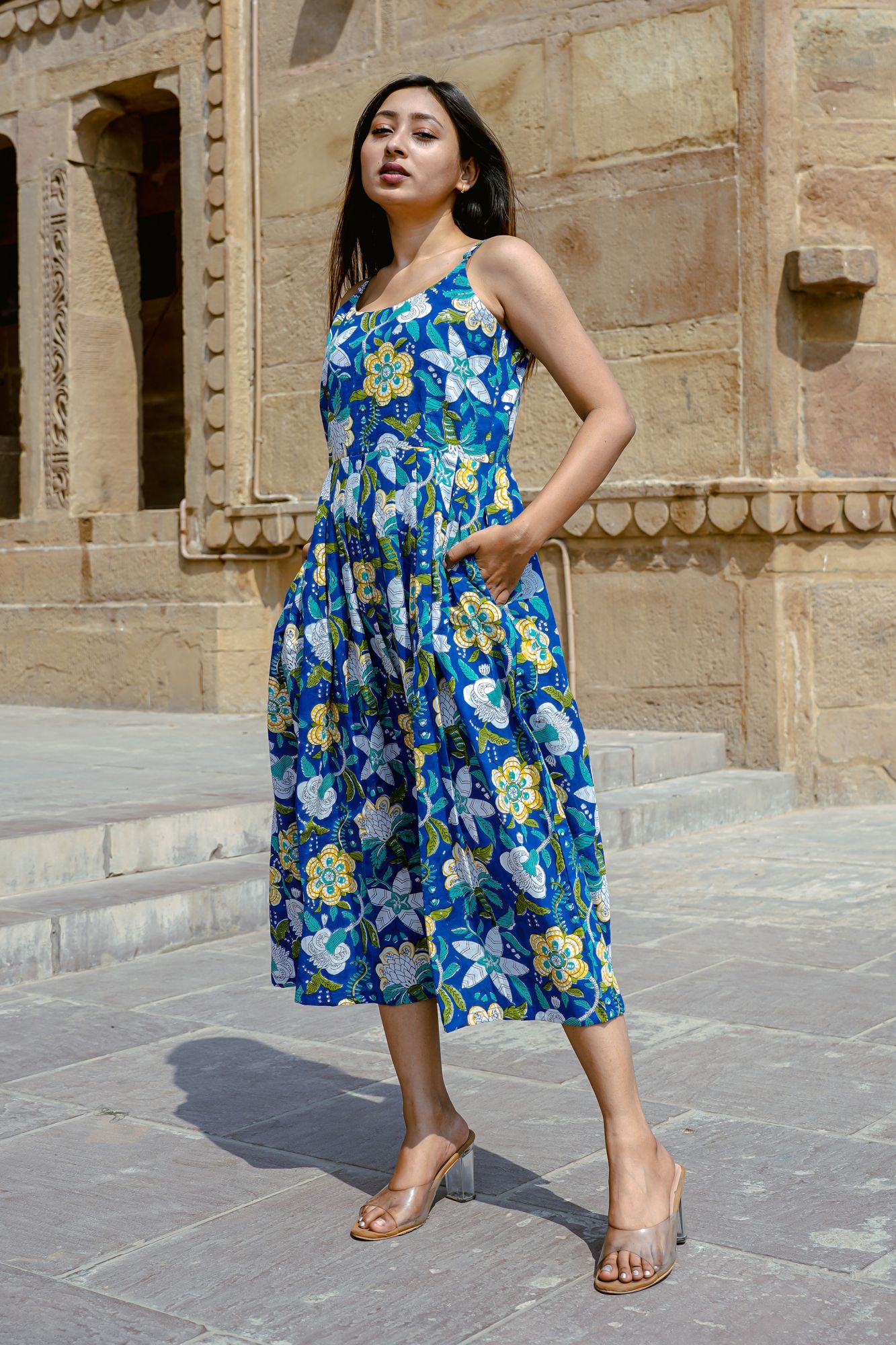 Blue Hand-Block Cami dress with Top