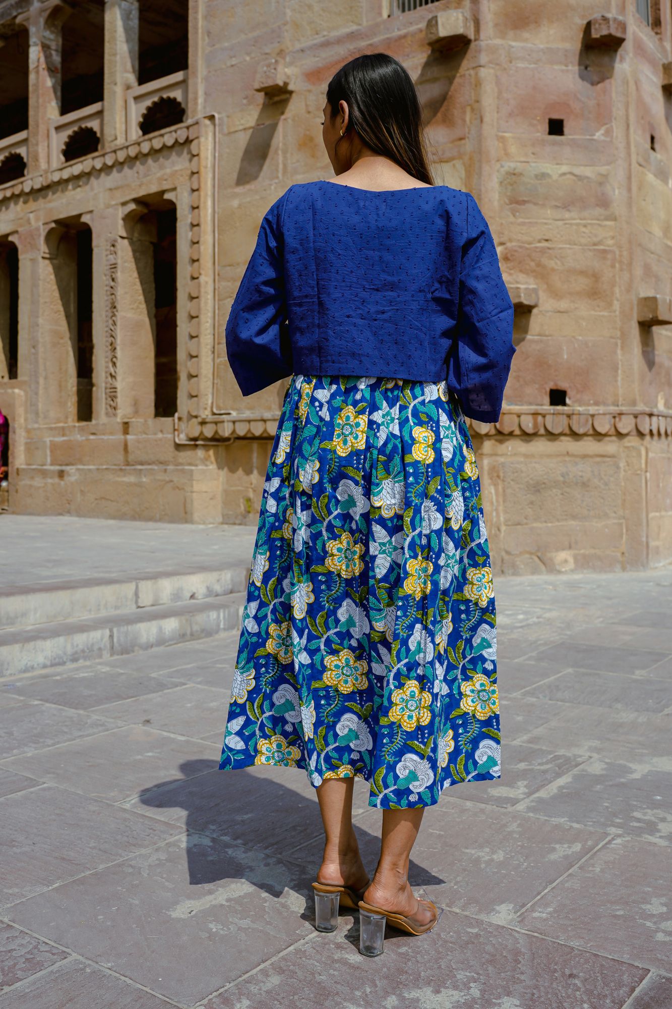 Blue Hand-Block Cami dress with Top