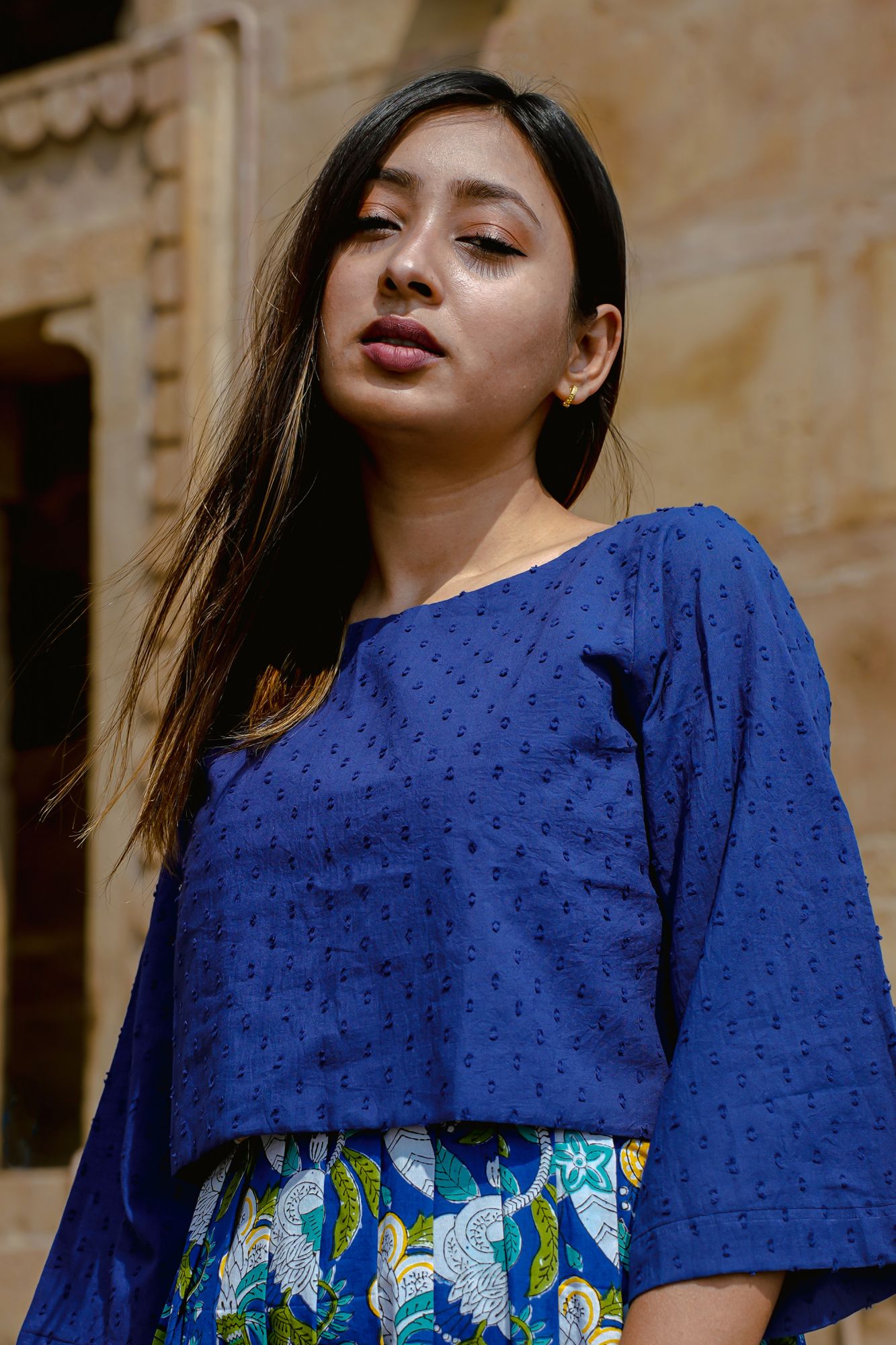 Blue Hand-Block Cami dress with Top