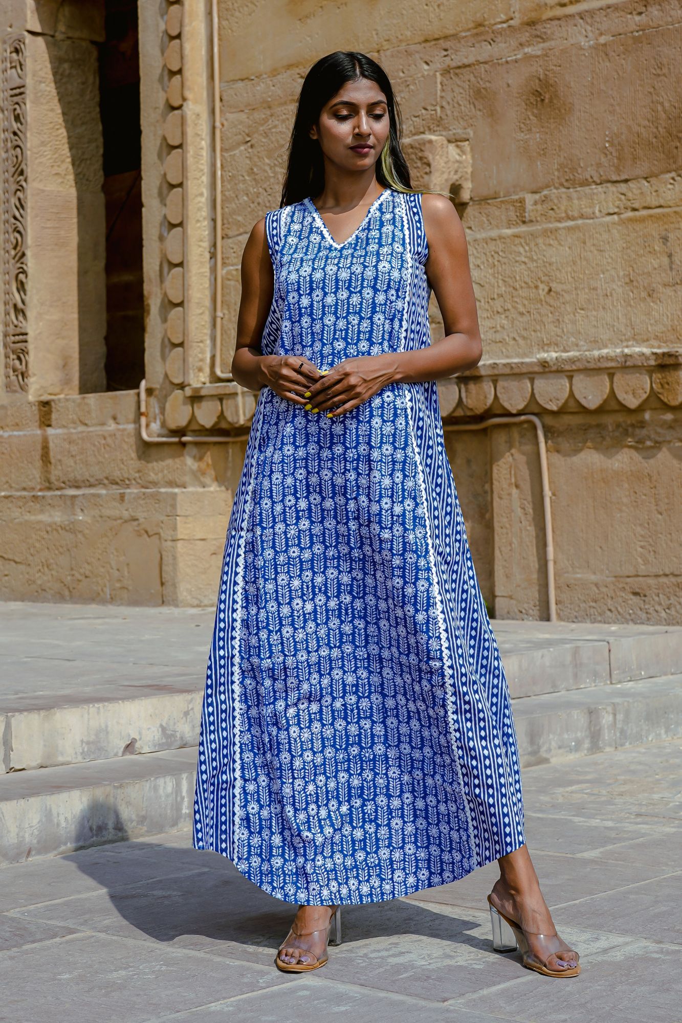 Blue Panelled Maxi Dress
