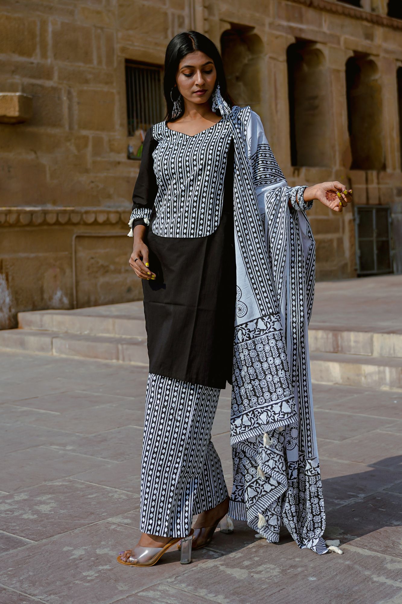 Black Hand-block Palazzo Set