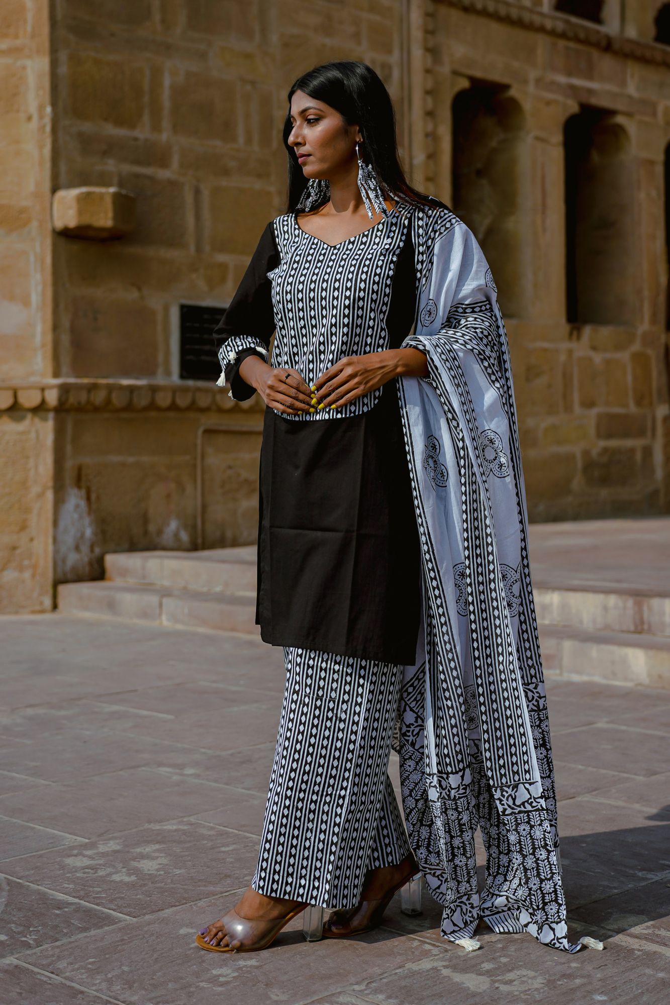 Black Hand-block Palazzo Set