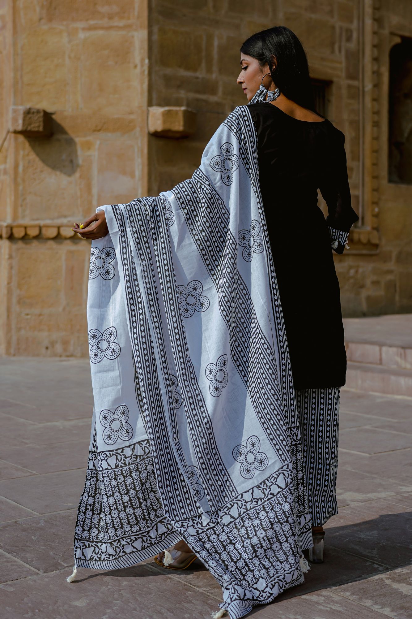 Black Hand-block Palazzo Set