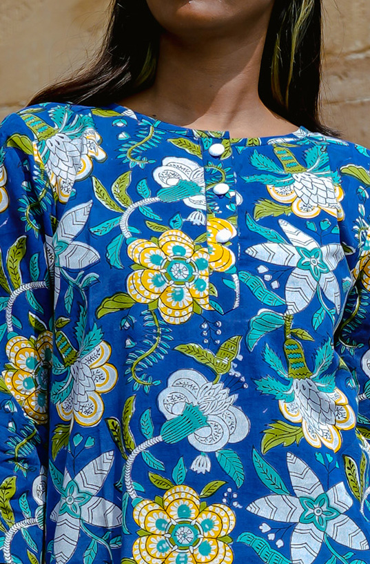 Blue Tropical Handblock Kurta