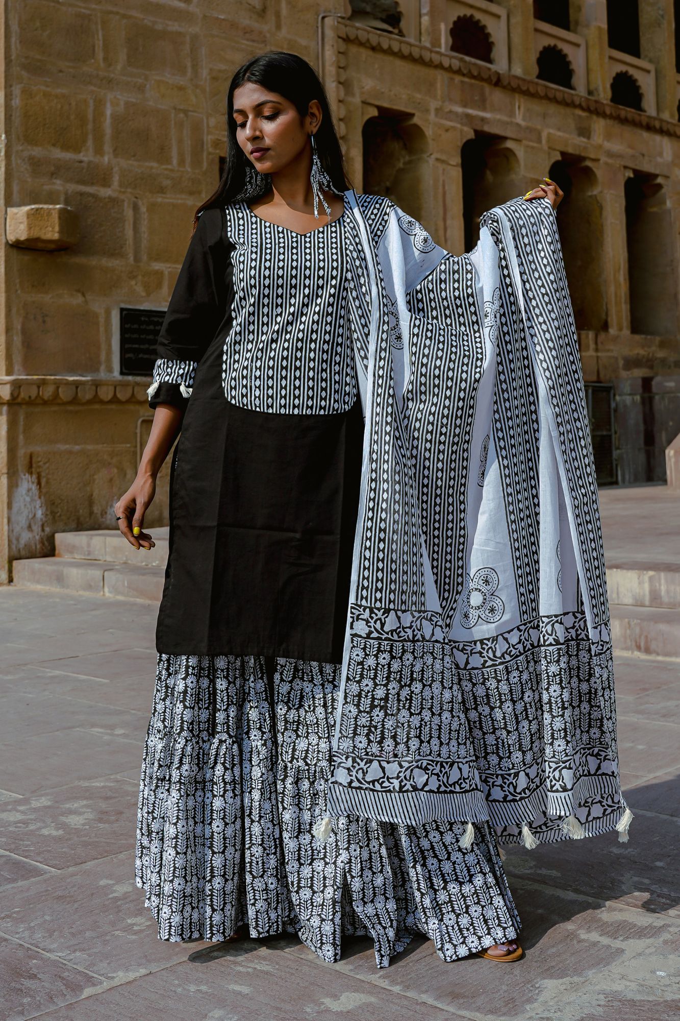 Black Block Printed Mulmul Dupatta