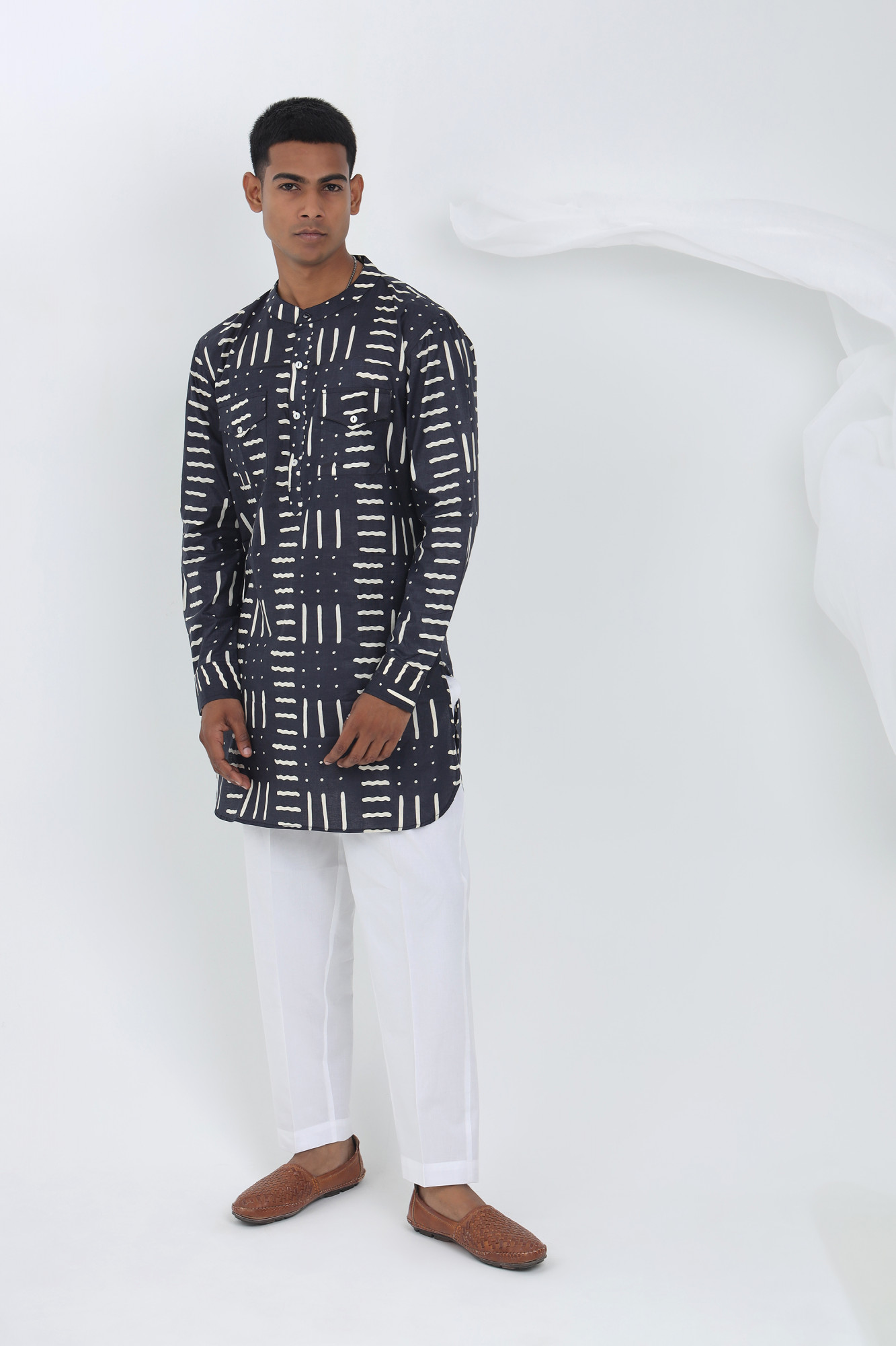 Raah Navy Cotton Kurta for Men  Printed Relaxed Fit