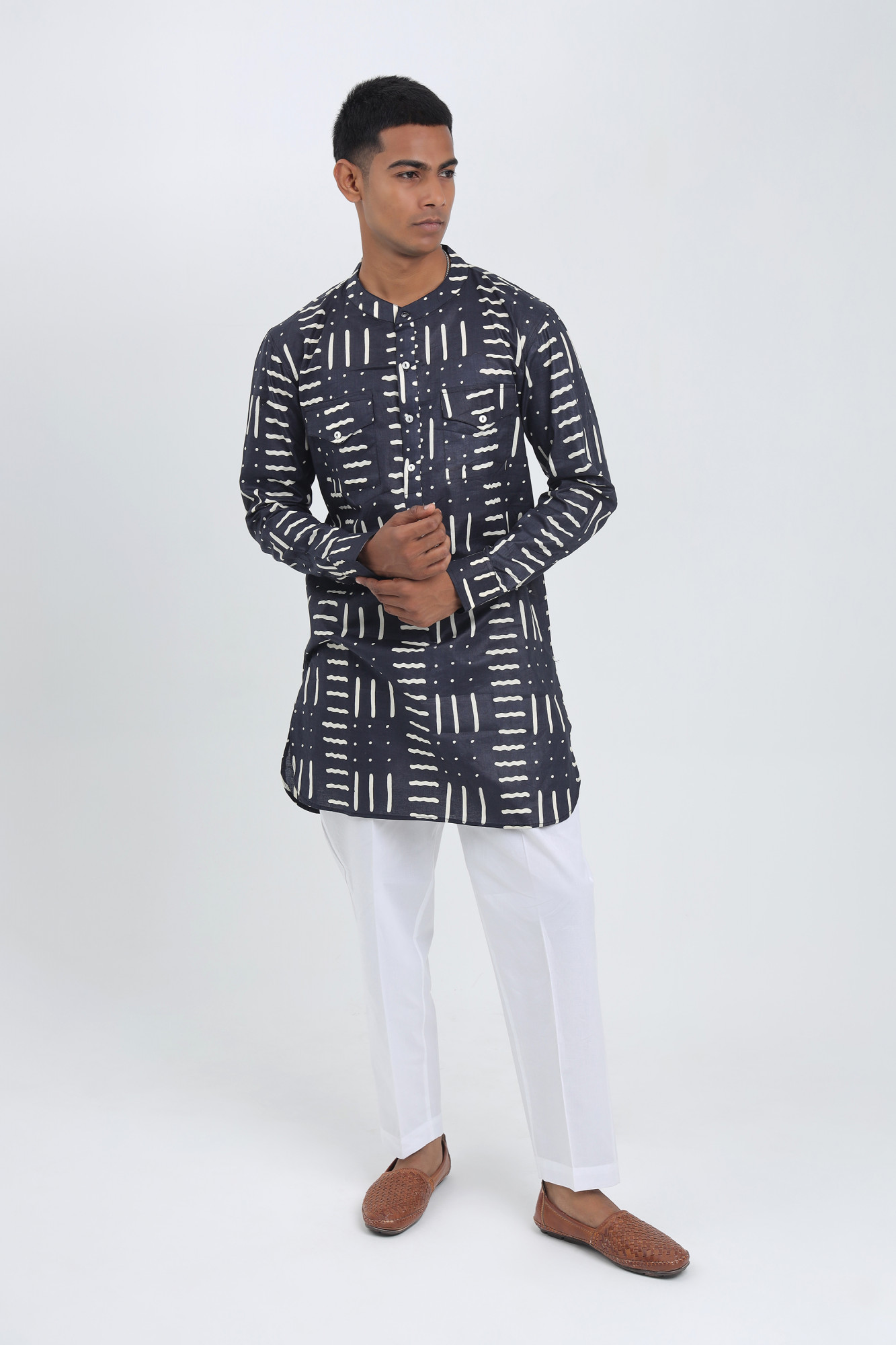 Raah Navy Cotton Kurta for Men  Printed Relaxed Fit