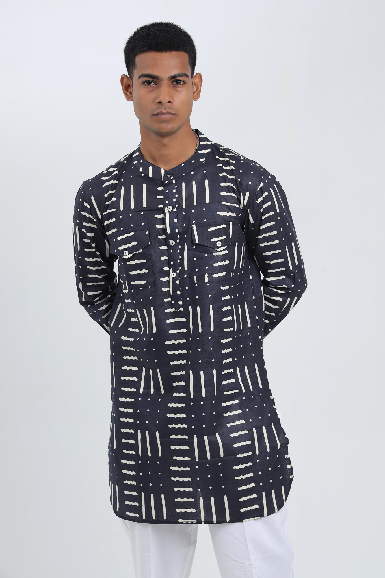 Raah Navy Cotton Kurta for Men  Printed Relaxed Fit