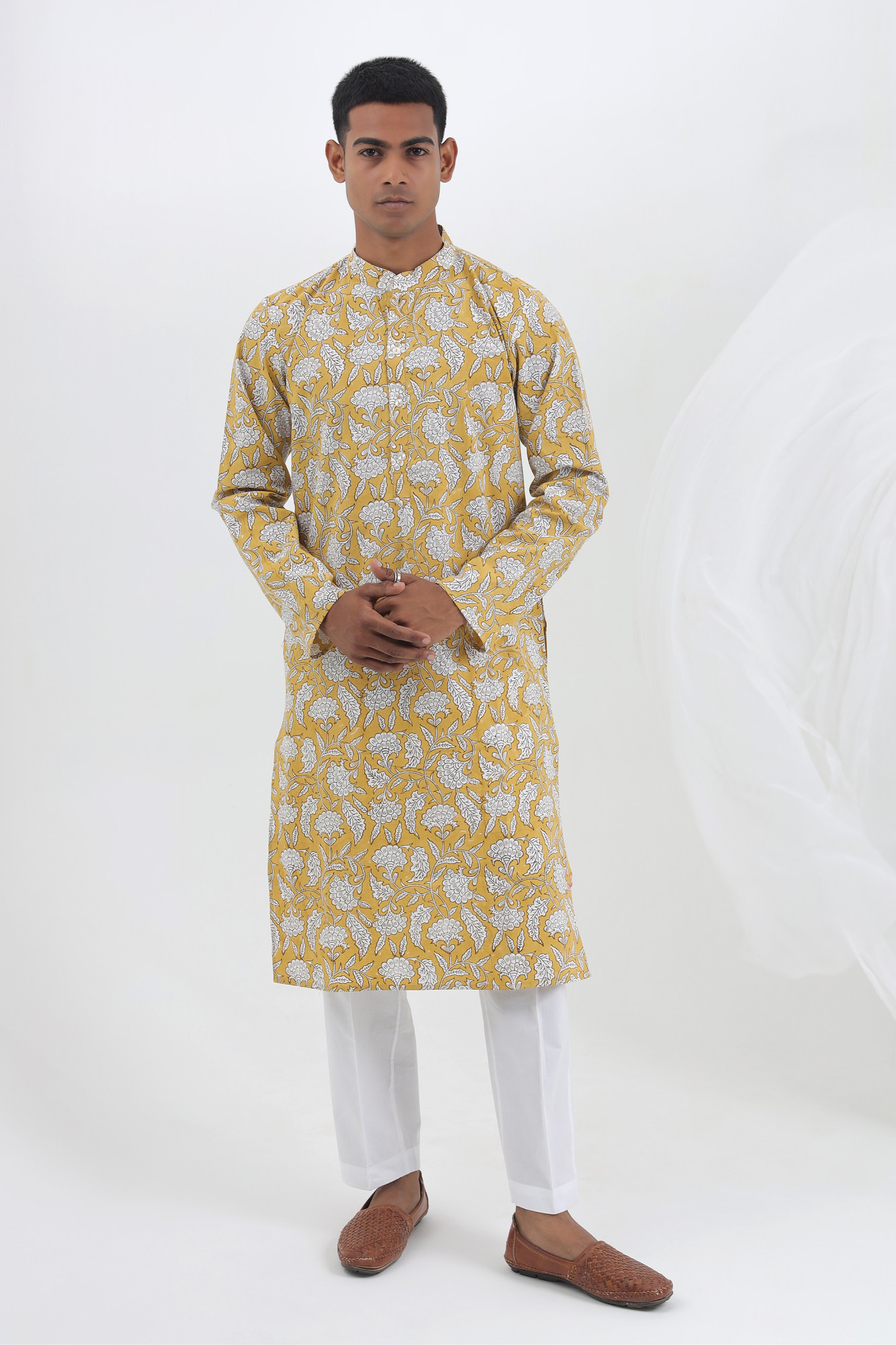 Suraj Yellow Handblock Printed Kurta Set for Men  Cotton Relaxed Fit
