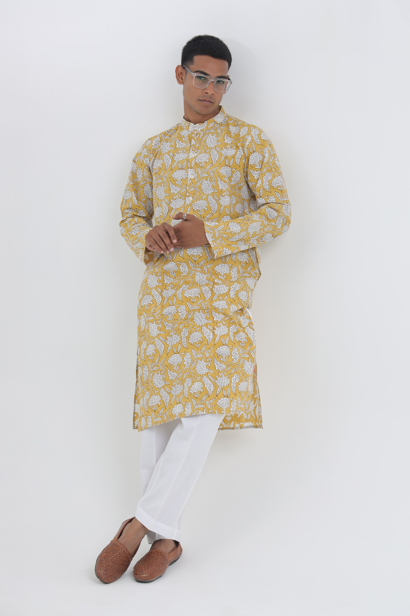 Suraj Yellow Handblock Printed Kurta Set for Men  Cotton Relaxed Fit